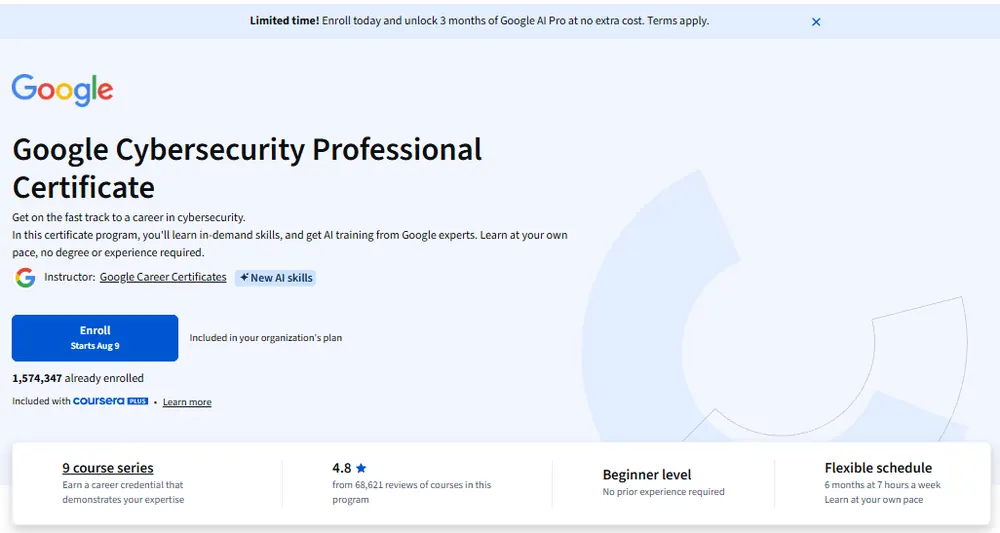 Google Cybersecurity Professional Certificate course page on Coursera