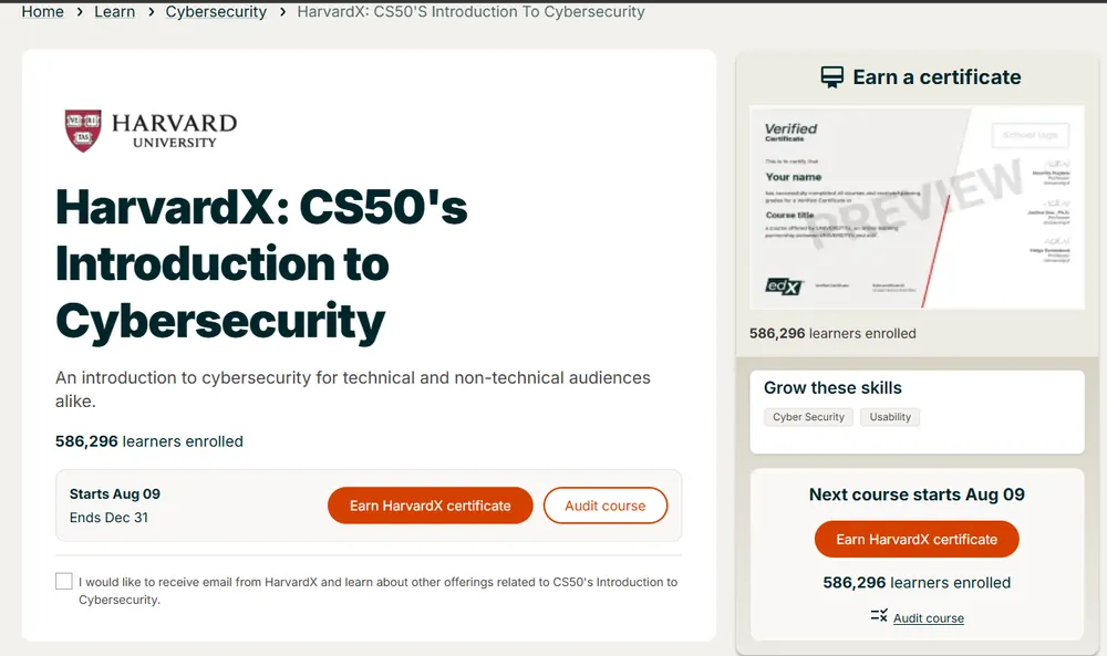HarvardX CS50's Introduction to Cybersecurity course page on edX