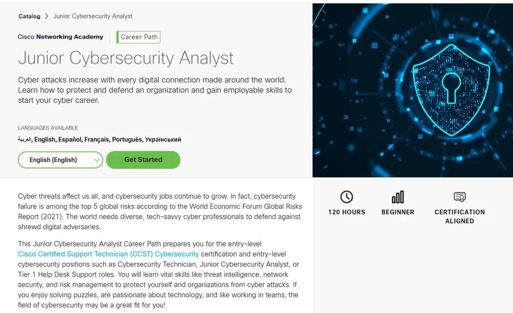 Cisco Networking Academy Junior Cybersecurity Analyst career path page