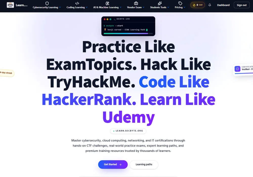 Learn SecByte platform homepage with hands-on labs and learning paths
