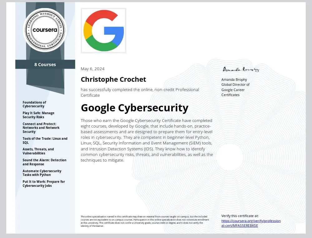 Google Cybersecurity Professional Certificate example — Coursera সার্টিফিকেটের নমুনা