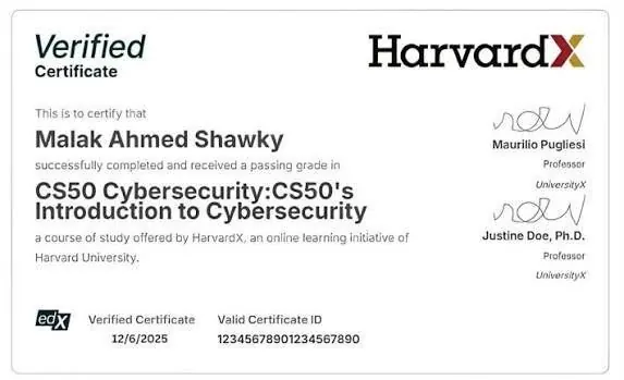 HarvardX CS50 Cybersecurity verified certificate example — HarvardX সার্টিফিকেটের নমুনা