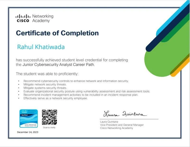 Cisco Networking Academy Junior Cybersecurity Analyst certificate example — Cisco সার্টিফিকেটের নমুনা