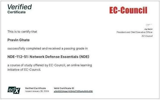 EC-Council Network Defense Essentials NDE certificate example — EC-Council সার্টিফিকেটের নমুনা
