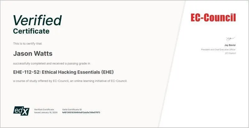 EC-Council Ethical Hacking Essentials EHE certificate example — EC-Council সার্টিফিকেটের নমুনা