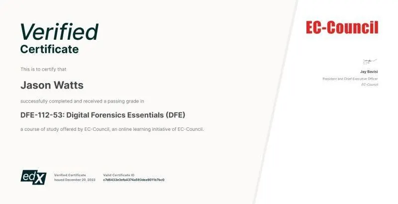EC-Council Digital Forensics Essentials DFE certificate example — EC-Council সার্টিফিকেটের নমুনা