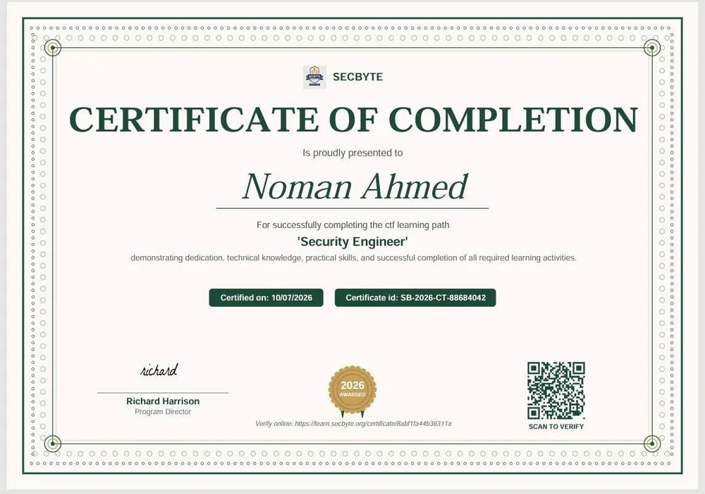 SecByte Learning Path certificate of completion example — SecByte সার্টিফিকেটের নমুনা